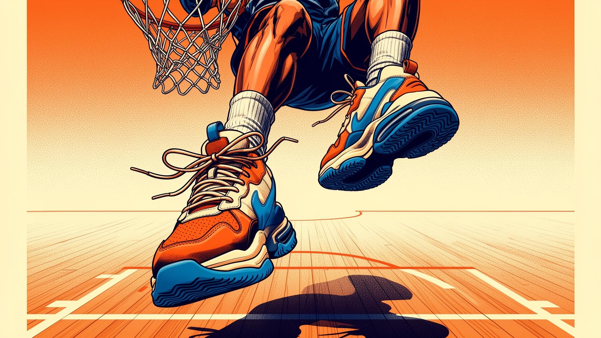 Stylized NBA player mid-dunk with bold orange and blue sneakers in the foreground